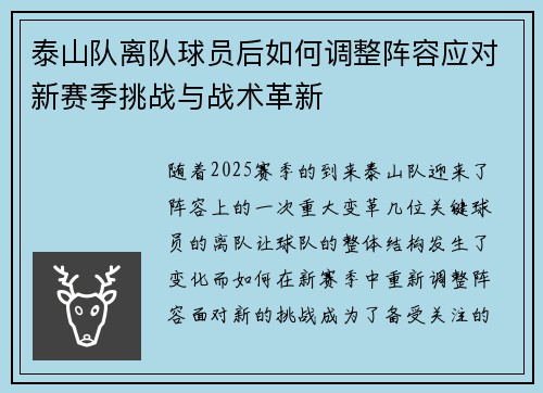 泰山队离队球员后如何调整阵容应对新赛季挑战与战术革新